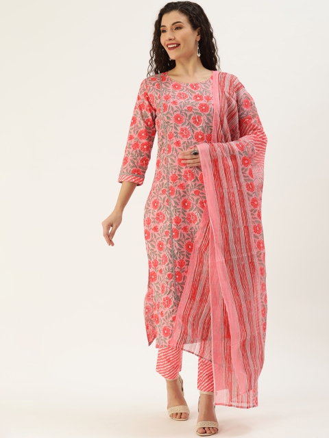 

Minora Women Pink Floral Printed Pure Cotton Kurta with Trousers & With Dupatta