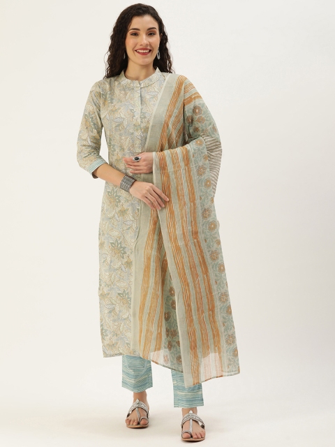 

Minora Women Grey Floral Printed Pure Cotton Kurta with Trousers & With Dupatta