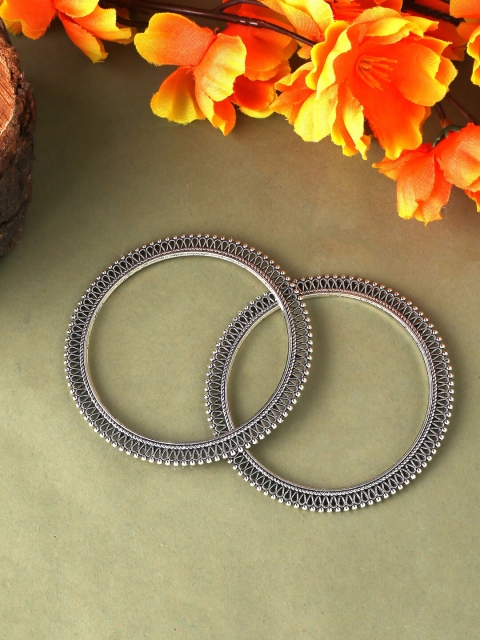 

VIRAASI Woman Set Of 2 Textured Oxidised Bangles, Silver