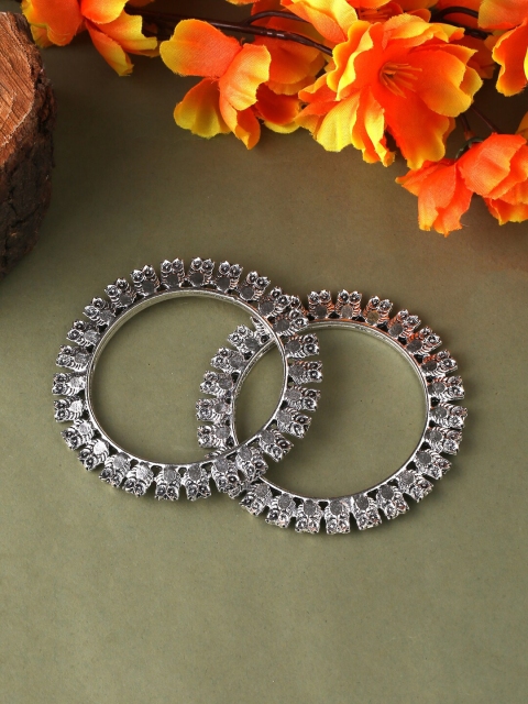 

VIRAASI Set Of 2 Silver-Toned Textured Oxidised Bangles