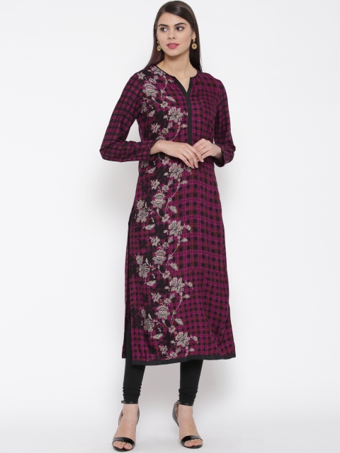 

Biba Women Magenta & Black Floral Print Straight Kurta