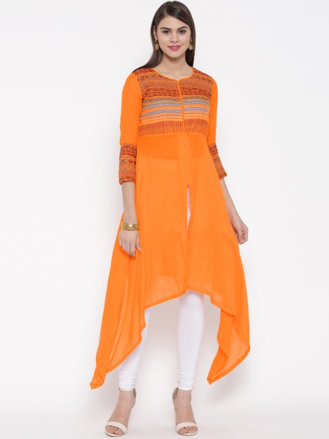 

Biba Women Orange Yoke Design Asymmetric A-Line Kurta