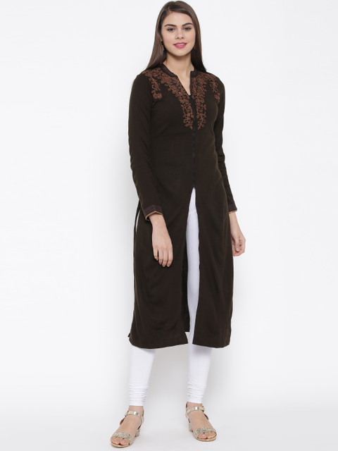

Biba Women Brown Embroidered Winter Straight Kurta