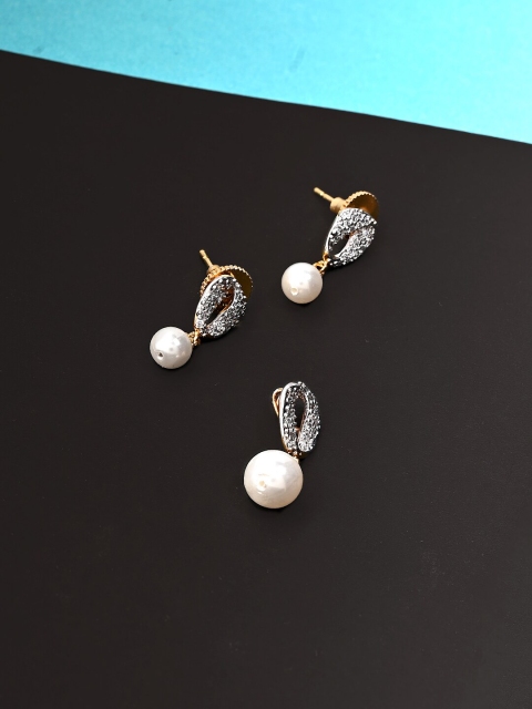 

Studio Voylla Gold-Plated & White CZ Stone Studded Pearls Pendant With Earrings