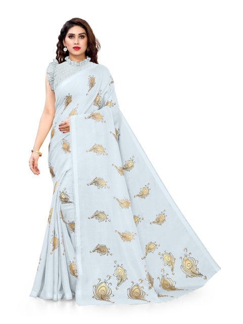 

KALINI Grey & Gold-Toned Floral Block Print Saree