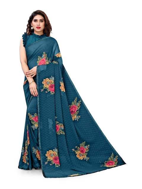 

KALINI Turquoise Blue & Pink Floral Sequinned Bagh Saree