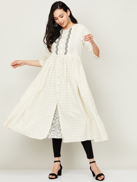 

Melange by Lifestyle Women Off White Checked Flared Sleeves Thread Work Kurta