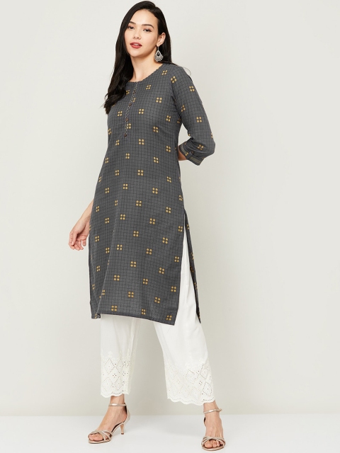 

Melange by Lifestyle Women Grey Geometric Embellished Keyhole Neck Flared Sleeves Thread Work Kurta