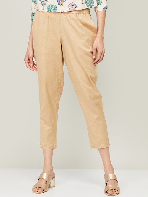 

Melange by Lifestyle Women Gold-Toned Pleated Cotton Trousers