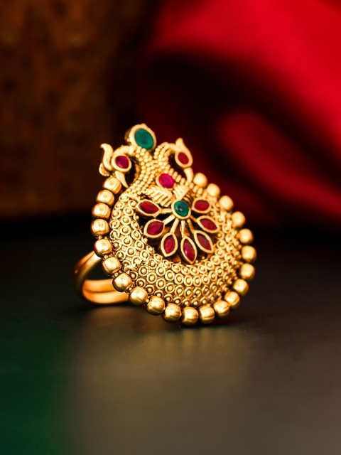 

aadita Gold-Plated Pink & Green AD-Studded Temple Finger Ring