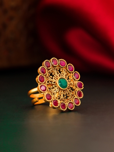 

aadita Gold-Plated Green & Pink AD-Studded Adjustable Finger Ring