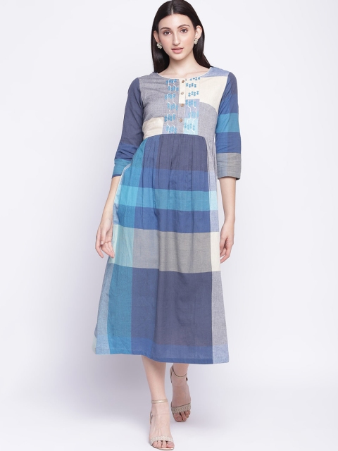 

IMARA Blue & Off White Checked Ethnic Empire Midi Dress