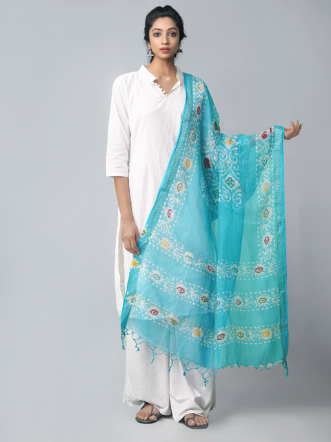 

Unnati Silks Blue Ethnic Motifs Dyed Pure Cotton Tie and Dye Dupatta