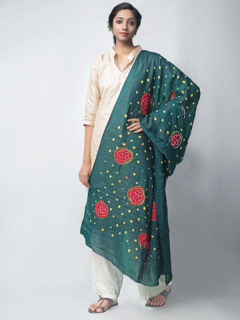 

Unnati Silks Women Green Tie and Dye Bandhani Pure Cotton Dupatta