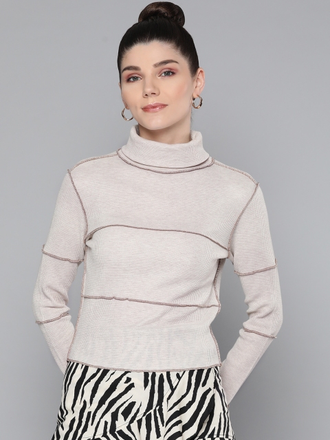 

VividArtsy Beige Cotton Waffle High Neck Top