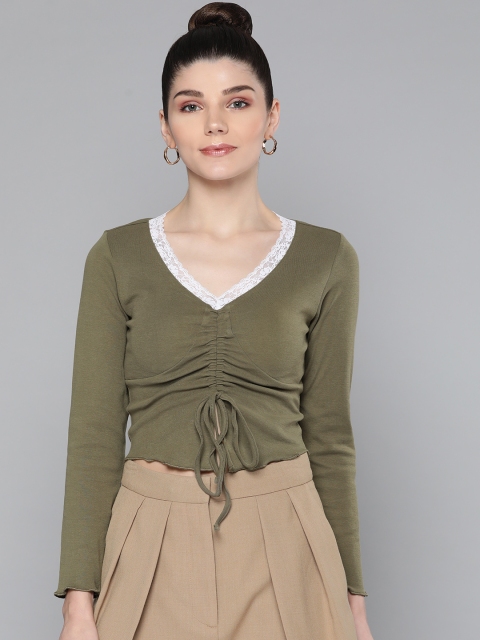 

VividArtsy Olive Green Ruched Cotton Crop Top