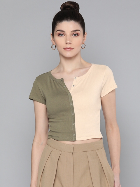 

VividArtsy Olive Green & Beige Cotton Colourblocked Crop Top