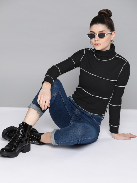 

VividArtsy Black Cotton Waffle High Neck Top