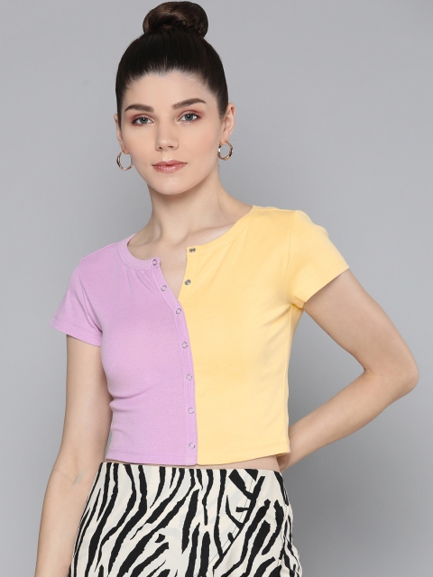 

VividArtsy Yellow & Purple Cotton Colourblocked Crop Top