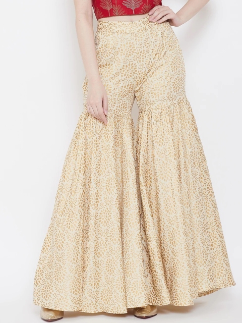 

Be Indi Women Gold Printed Flared Easy Wash Pleated Sharara