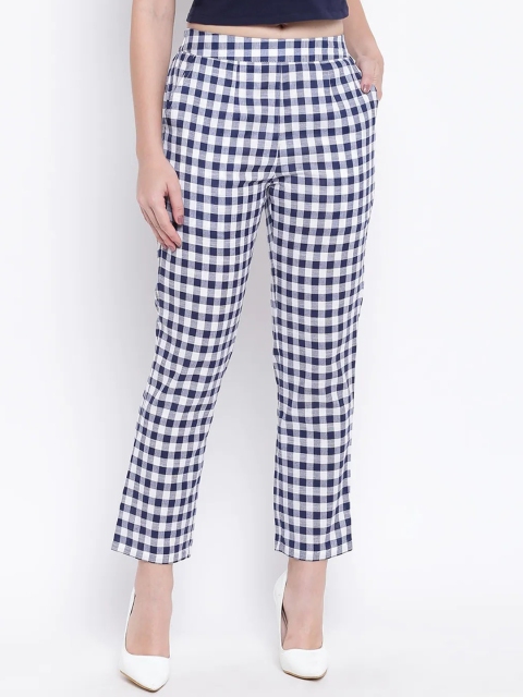 

Be Indi Women Navy Blue & White Checked Straight Fit Cotton Trousers