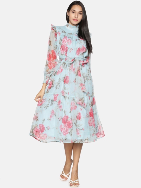 

ISU Women Blue & Pink Floral Print Chiffon Midi Dress