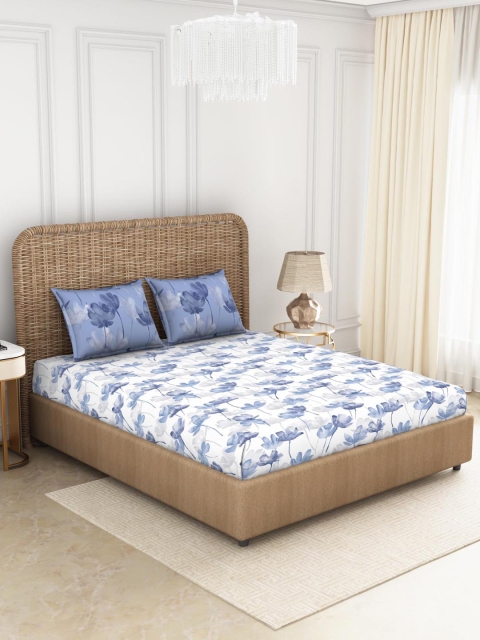 

SPACES Blue & White Floral 180 TC Pure Cotton King Bedsheet with 2 Pillow Covers
