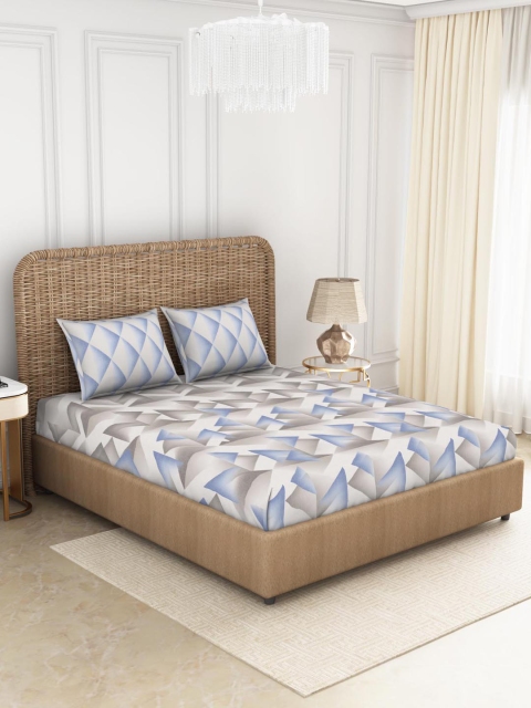 

SPACES Grey & Blue Geometric Pure Cotton 180 TC King Bedsheet with 2 Pillow Covers
