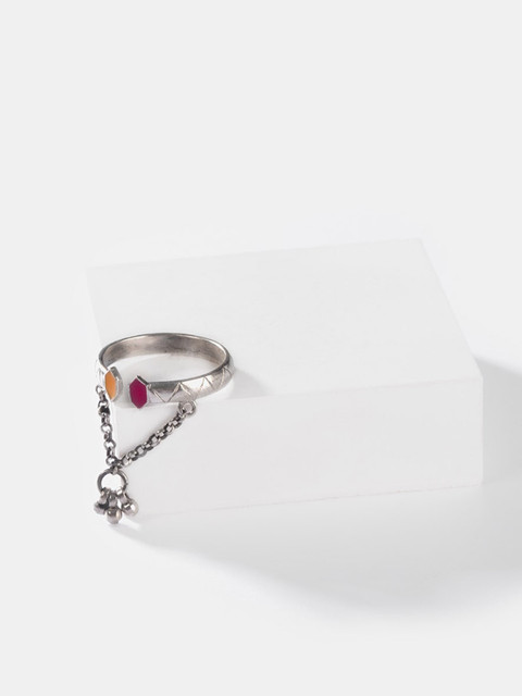 

SHAYA Oxidised Silver-Toned & Yellow Enamelled Adjustable Finger Ring