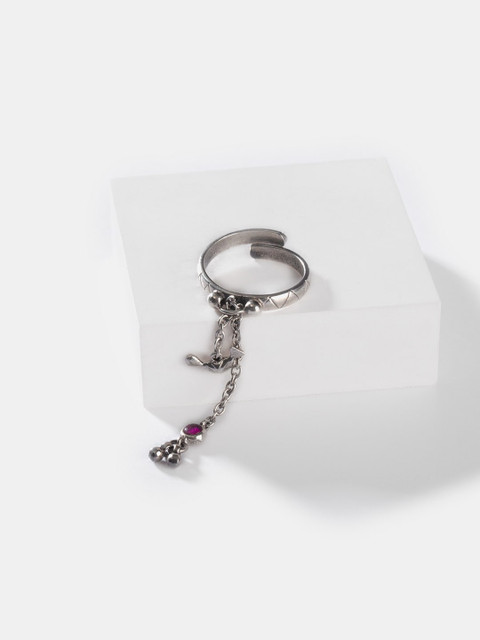 

SHAYA Silver-Toned Pink Stoned Studded Chain Linked Finger Ring