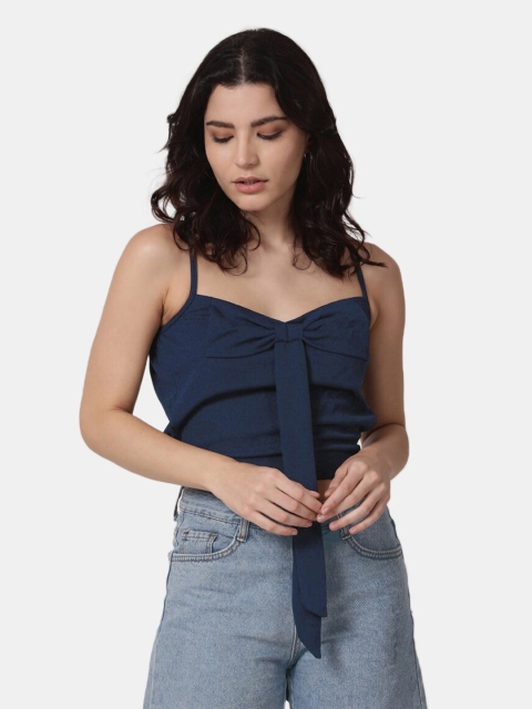 

Selvia Blue Solid Scuba Crop Top With Tie-Ups