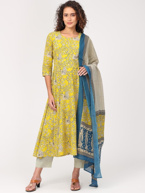 

The Mom Store Women Maternity Yellow Printed Pure Cotton Kurta With Trousers & Dupatta