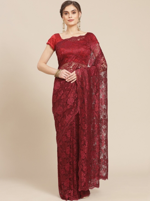 

Meena Bazaar Maroon Floral Embroidered Lace Saree