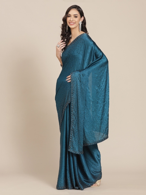 

Meena Bazaar Teal & Black Embellished Beads and Stones Pure Crepe Saree