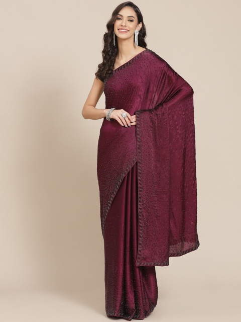 

Meena Bazaar Burgundy & Black Embellished Beads & Stones Pure Crepe Saree