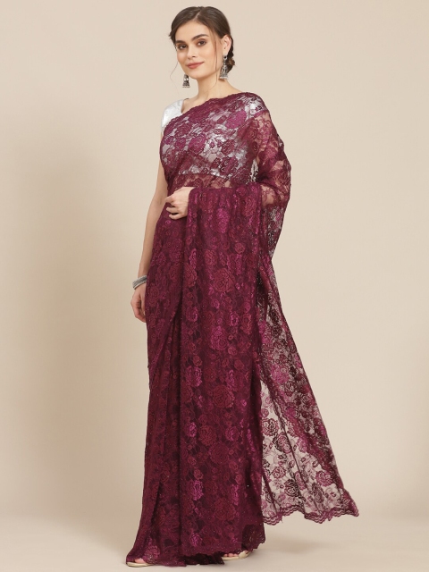 

Meena Bazaar Burgundy Floral Embroidered Lace Saree