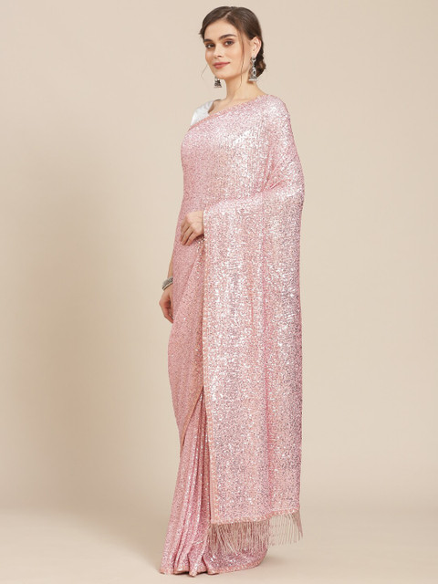 

Meena Bazaar Pink Embellished Embroidered Net Saree