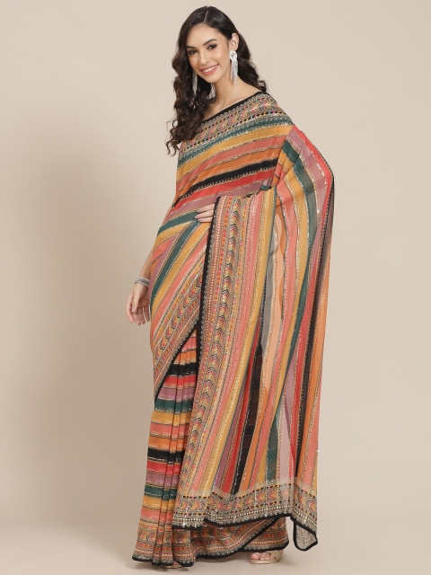 

Meena Bazaar Grey & Yellow Striped Embroidered Pure Georgette Saree