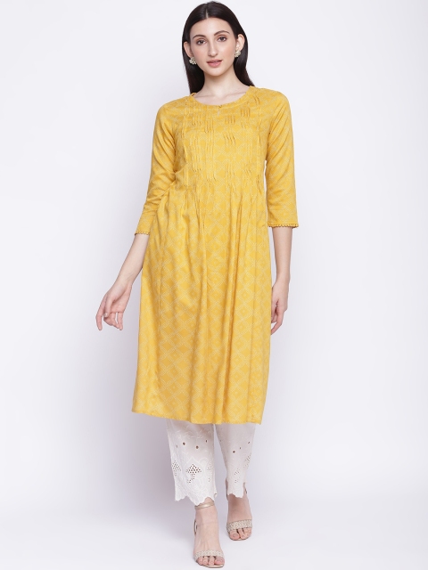 

IMARA Women Mustard Yellow & White Ethnic Motifs A-line Kurta