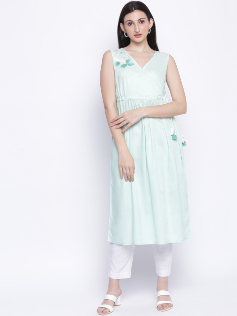 

IMARA Women Sea Green Thread Work A-Line Kurta