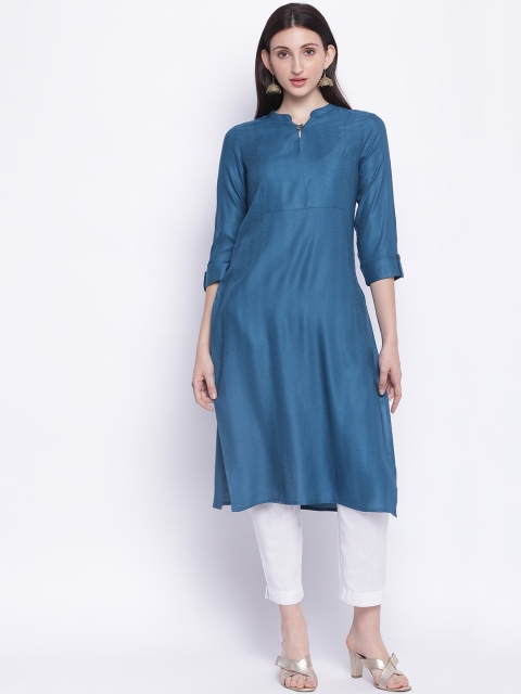 

IMARA Women Teal Solid Mandarin Collar A-line Kurta