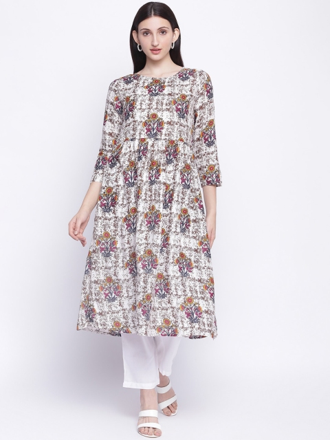 

IMARA Women Off White Floral Printed Pleated Kurta With Trousers