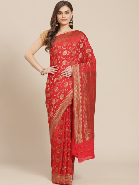 

Meena Bazaar Red & Gold-Toned Pure Crepe Banarasi Saree