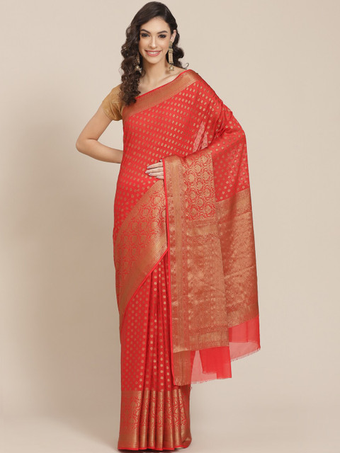 

Meena Bazaar Red & Gold-Toned Ethnic Motifs Banarasi Saree