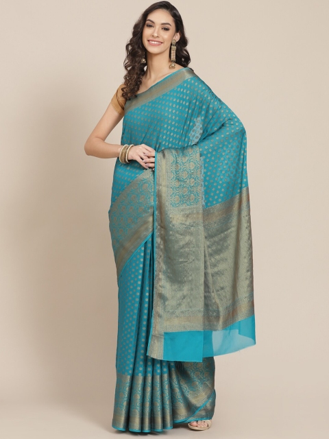 

Meena Bazaar Turquoise Blue & Gold-Toned Woven Design Zari Banarasi Saree