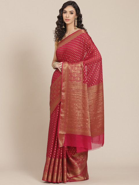 

Meena Bazaar Burgundy & Gold-Toned Woven Design Banarasi Saree