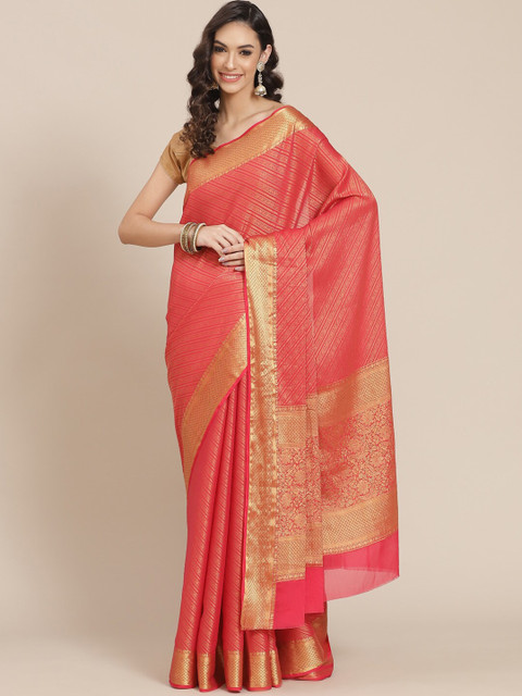 

Meena Bazaar Magenta & Gold-Coloured Striped Zari Mysore Silk Saree