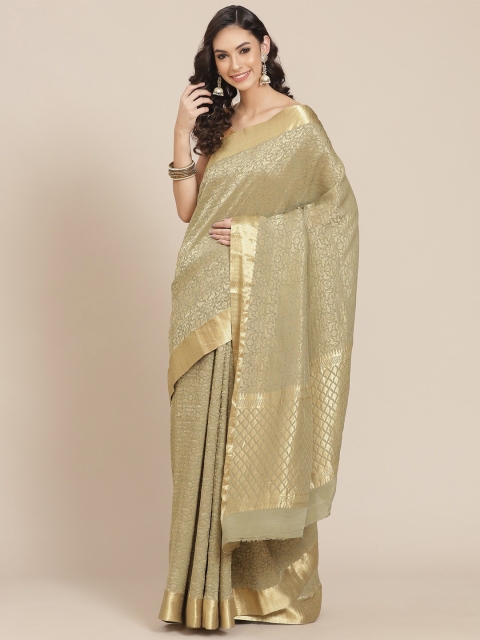 

Meena Bazaar Olive Green & Gold-Toned Woven Design Zari Brocade Banarasi Saree