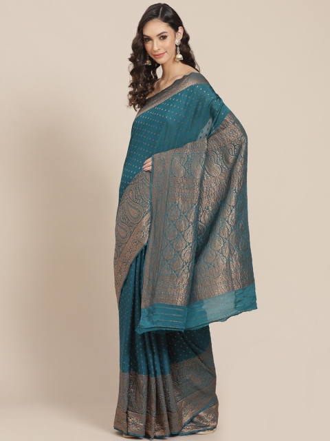 

Meena Bazaar Teal & Copper Ethnic Motifs Zari Pure Crepe Banarasi Saree