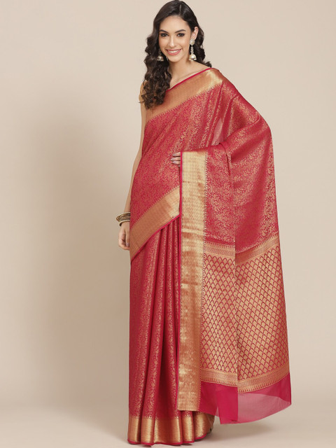 

Meena Bazaar Magenta & Gold-Toned Woven Design Banarasi Saree